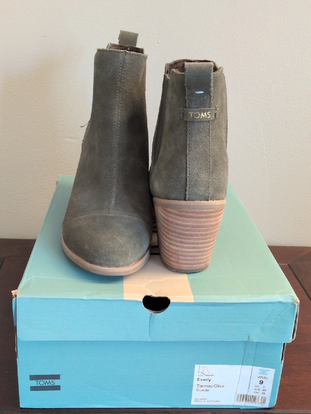 TOMS Olive Suede Block Heel Ankle Booties